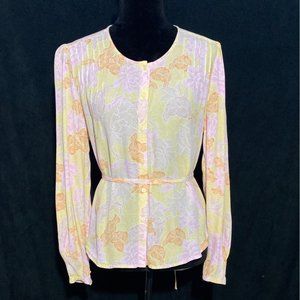 Amuse Society S‎ Button Down Shirt Blouse Viscose Pastel Pink Yellow Orange Belt